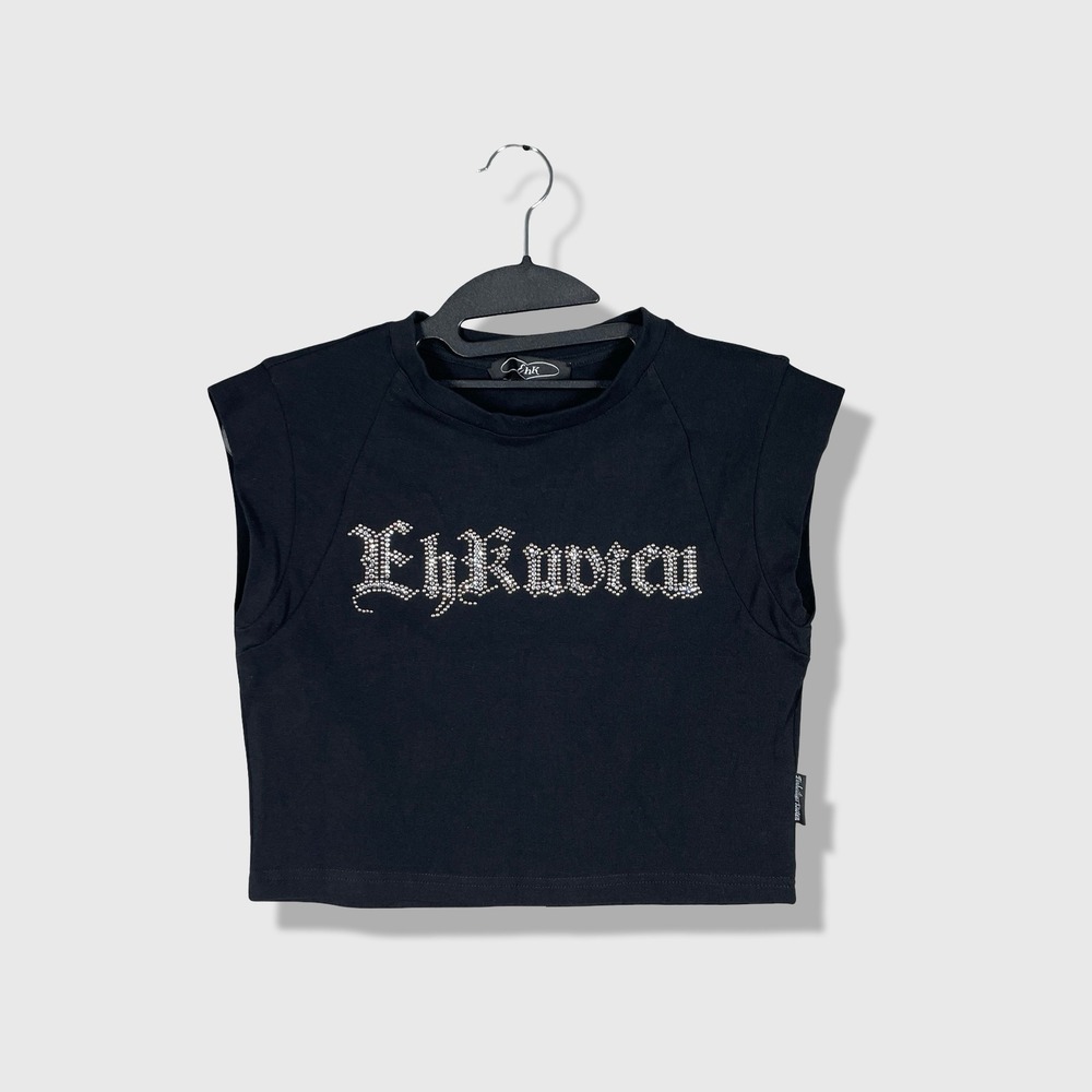 EhK Rhinestone Graphic Muscle Tank Women Medium Black Y2K Grunge Streetwear